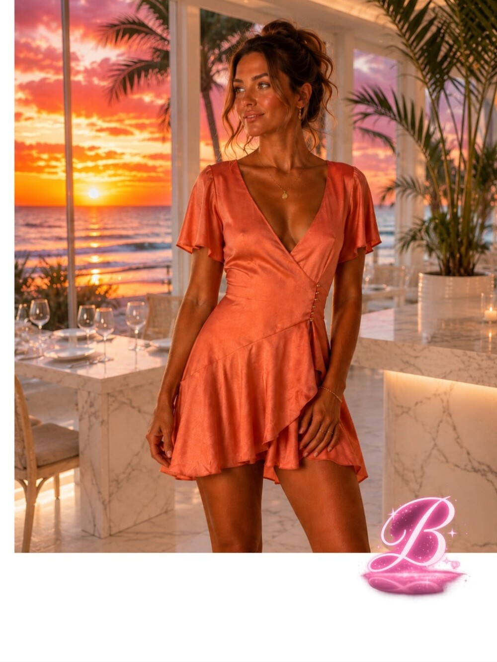 Free People Scarlett Satin Ruffle Wrap Mini Dress in Peach - Size M 🍑 NWOT
